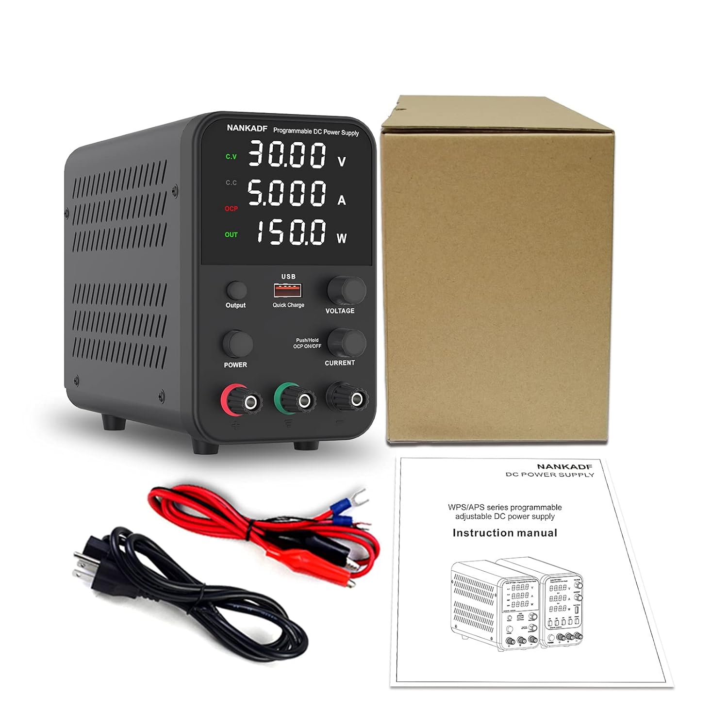 Sursa de alimentare de laborator 0-30 V, 0-5 A, 150 W, cu display LED, ventilator de racire, functie protectie supracurent (OCP), cu port USB 15W, stabilizare voltaj si curent, CV/CC