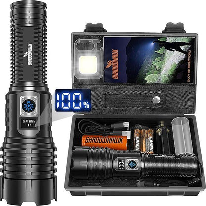 Set lanterna tactica LED, 500.000 lumeni, ecran LCD, lanterna USB baterie, cu functie powerbank si lanterna de urgenta, reincarcabila, impermeabila, pentru urgente, camping, calatorie