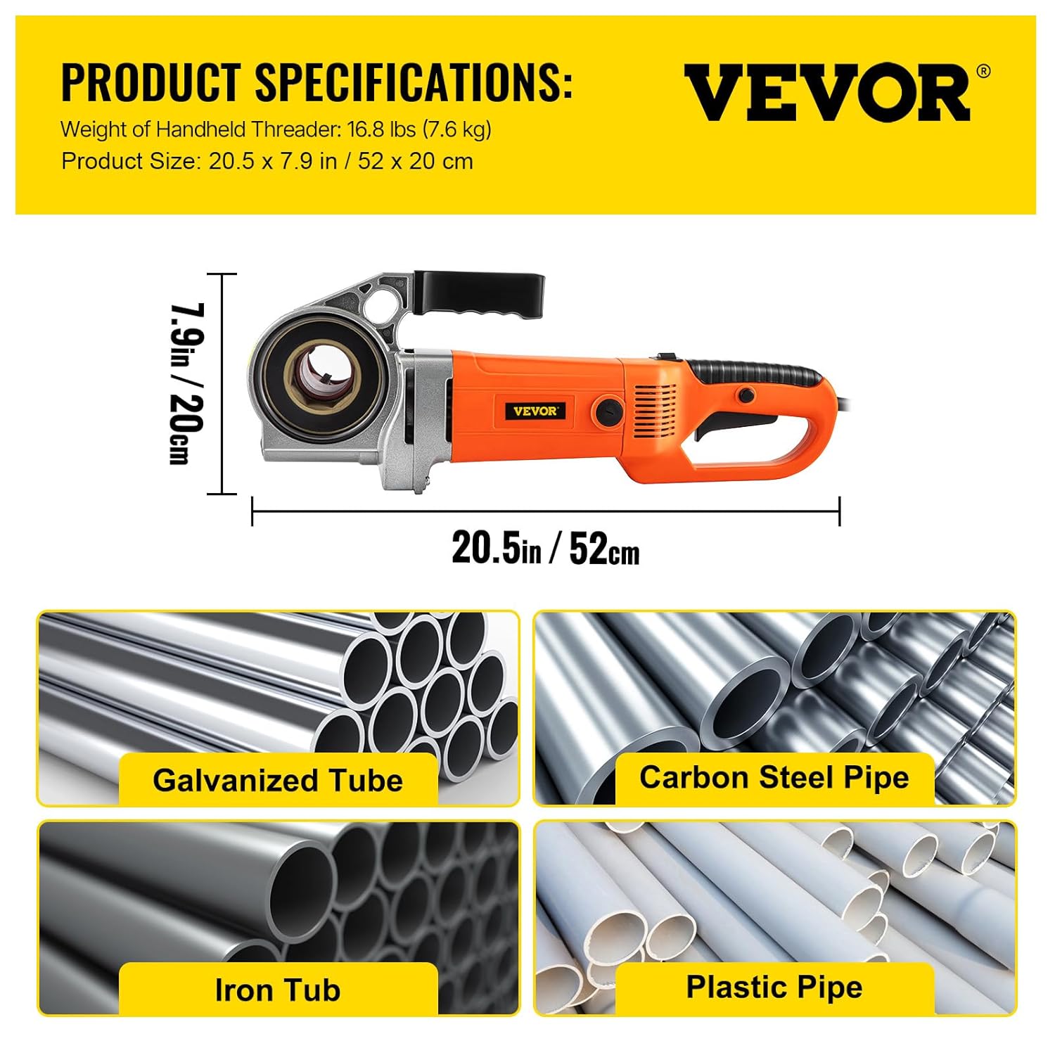 Masina de filetat VEVOR portabila 2300W 220V UE, filet electric tevi 1/2"–2", 6 matrite incluse, motor cupru 22 RPM, sistem reversibil, geanta transport, pentru tevi metalice, galvanizate si plastic, profesional