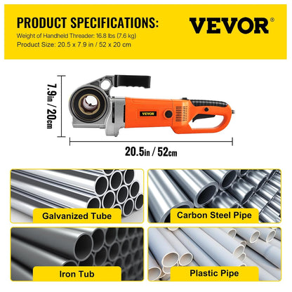 Masina de filetat VEVOR portabila 2300W 220V UE, filet electric tevi 1/2"–2", 6 matrite incluse, motor cupru 22 RPM, sistem reversibil, geanta transport, pentru tevi metalice, galvanizate si plastic, profesional