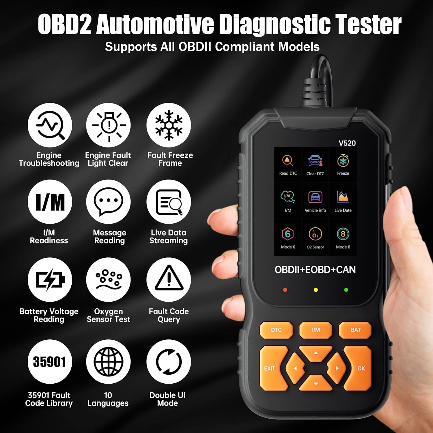 Tester de diagnosticare auto, diagnoza OBD2, EOBD, citire/stergere coduri de eroare a motorului, ecran LCD, compatibil cu o gama larga de vehicule