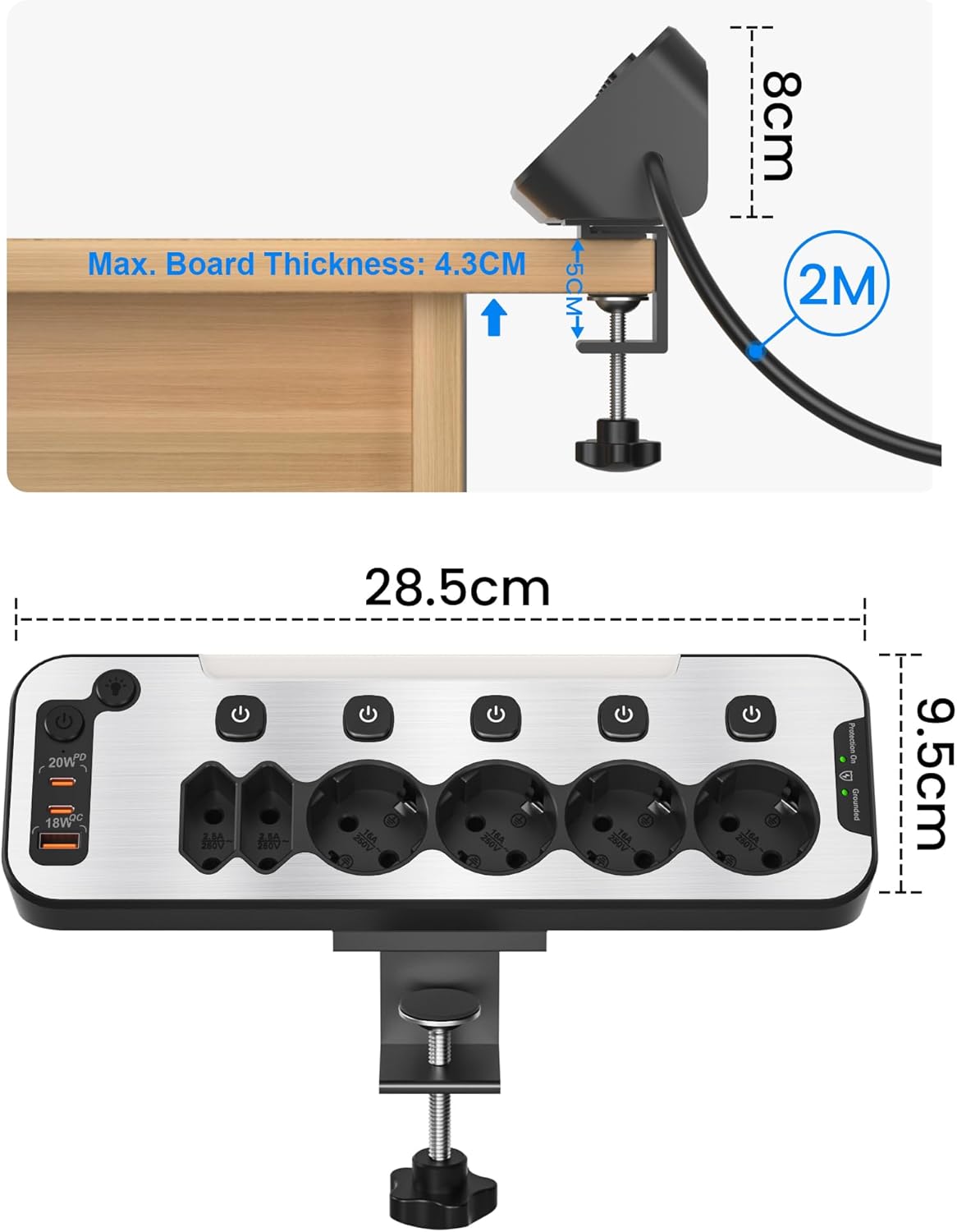 Prelungitor pentru perete/colt cu 6 prize cu intrerupator, 2 x USB-C cu incarcare PD 20W, 1 x USB-A QC 18W, lumina de noapte, cu prindere pentru birou si cablu de 2 m
