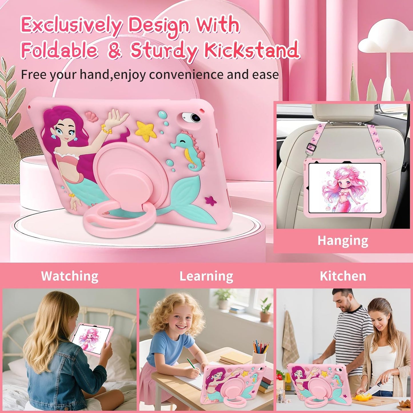 Husa de protectie pentru iPad Gen 11 A16 si iPad Gen 10 2022 10.9 inch, model sirena, cu stand tip inel rotativ 360° si curea de umar, roz