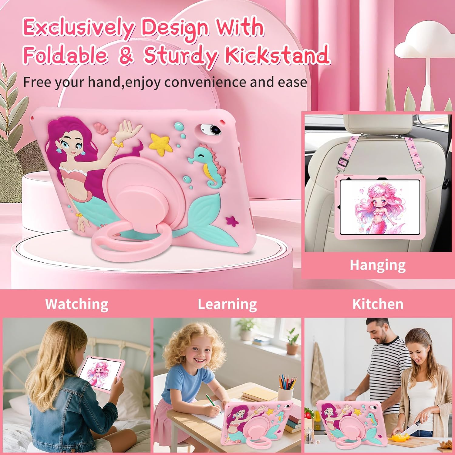 Husa de protectie pentru iPad Gen 11 A16 si iPad Gen 10 2022 10.9 inch, model sirena, cu stand tip inel rotativ 360° si curea de umar, roz