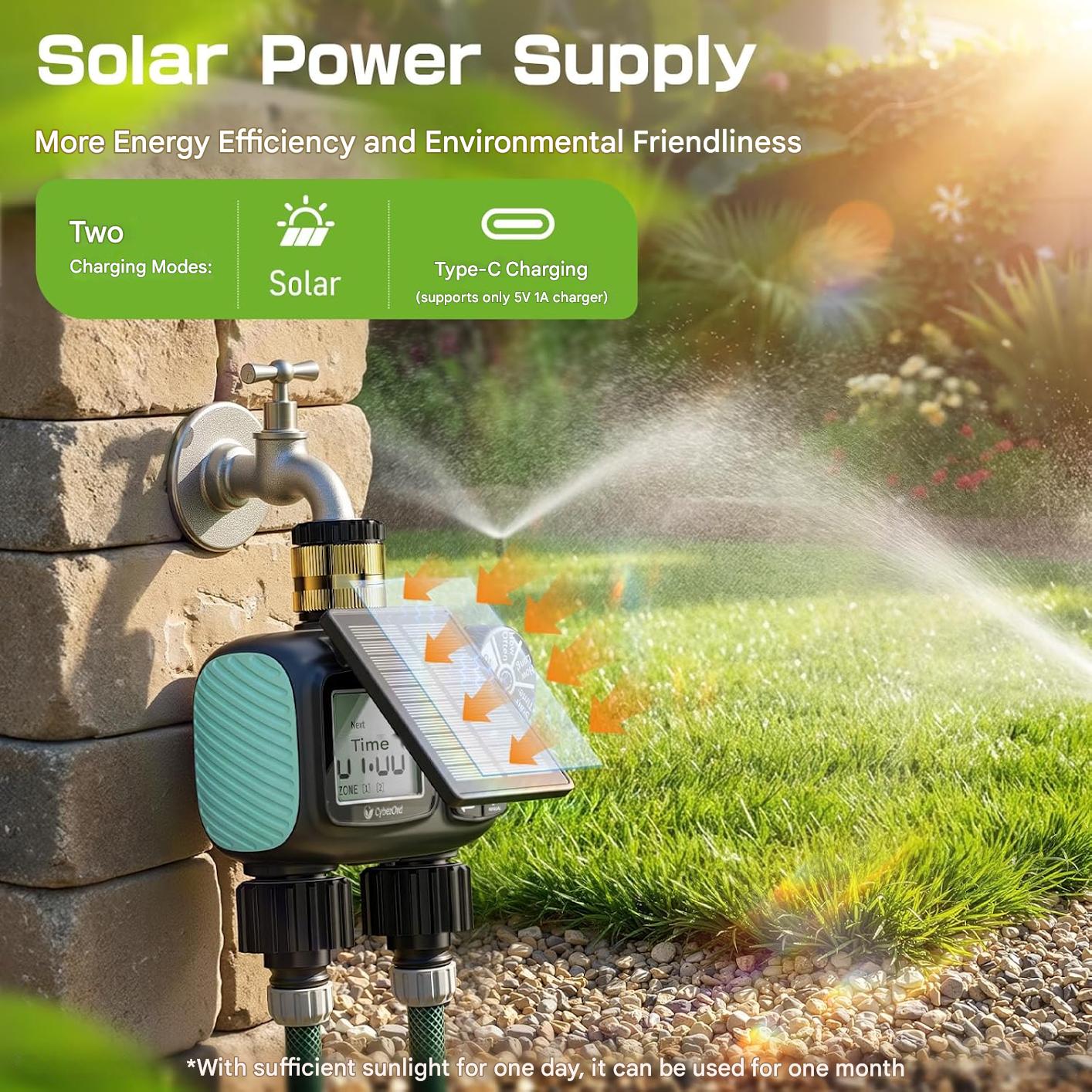 Computer de irigatii solar cu 2 zone, control automat si manual, functie intarziere la ploaie 24, 48, 72h, ecran LCD mare, incarcare solara si USB Tip C, rezistent IPX5, materiale durabile din alama si filtru metalic