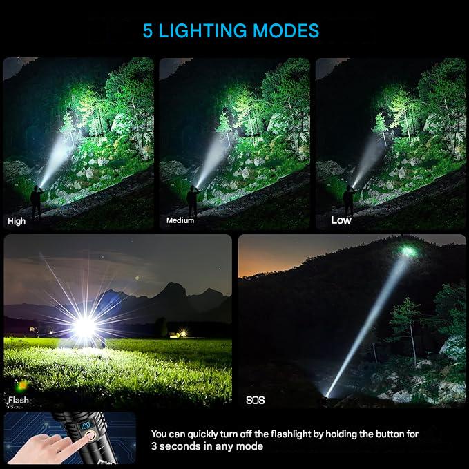 Lanterna tactica LED, din aluminiu, 50000 lumeni, profesionala, focus ajustabil, 5 moduri iluminare, acumulator inclus de 5000 mAh, rezistenta la apa IPX7, incarcare USB, sursa XHP360 negru