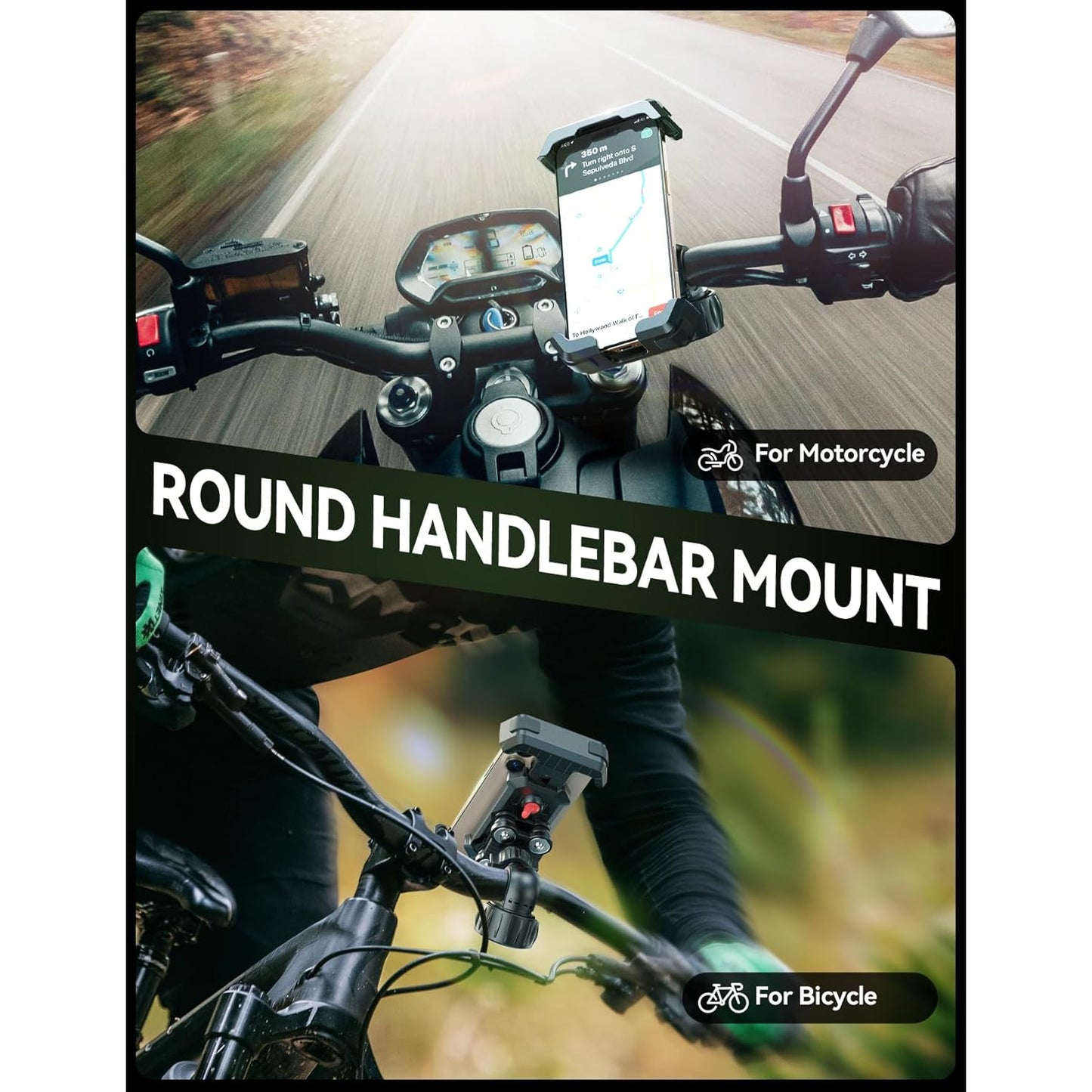 Suport telefon pentru bicicleta/motocicleta, reglare la 360°, rezistent la socuri cu amortizoare in 4 puncte, anti-tremur, pentru smartphone de la 4, 7 inchi la 7 inchi, negru