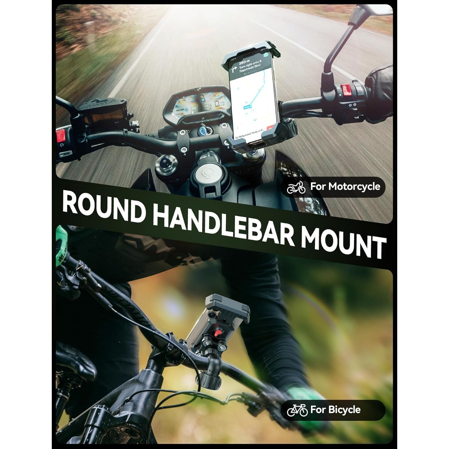 Suport telefon pentru bicicleta/motocicleta, reglare la 360°, rezistent la socuri cu amortizoare in 4 puncte, anti-tremur, pentru smartphone de la 4, 7 inchi la 7 inchi, negru
