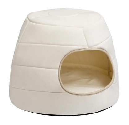 Patut caini si pisici 2 in 1, culcus pliabil pentru animale de companie mici, forma casuta si pat, din bumbac si tesatura de catifea, bej