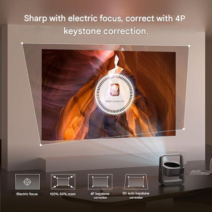 Vidoproiector portabil smart 4K, cu Android 13.0, WiFi 6, Bluetooth 5.2, rotativ la 270°, corectie E-Focus/trapezoidala, 25000 Lux, 1080P, cu USB 2.0, HDMI 2.1 si AUX 3, 5 mm, compatibil Smartphone, PC, Laptop, Tableta, PS5, pentru interior si exterior
