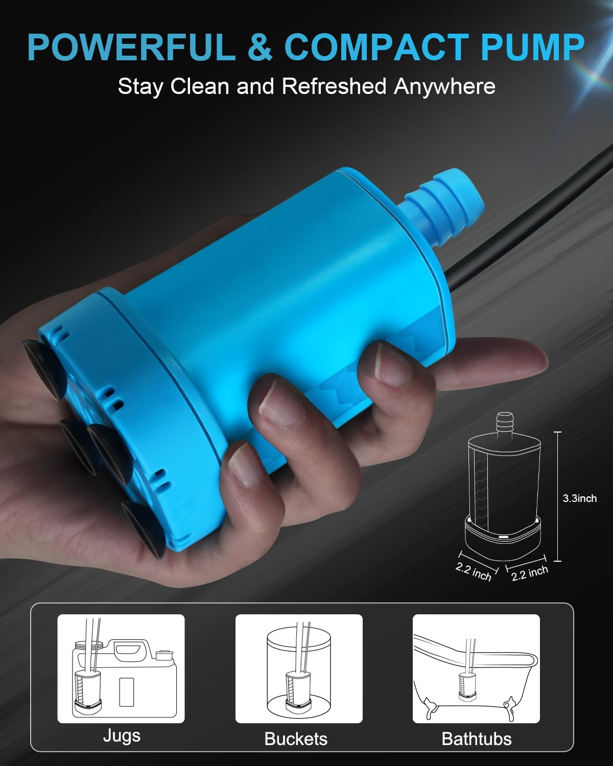 Dus portabil pentru camping 12-24 V, cu pompa electrica si acumulator reincarcabil de 4500 mAh, debit 0-8L/min reglabil, impermeabil, pentru drumetii, pescuit, spalat auto, animale, albastru