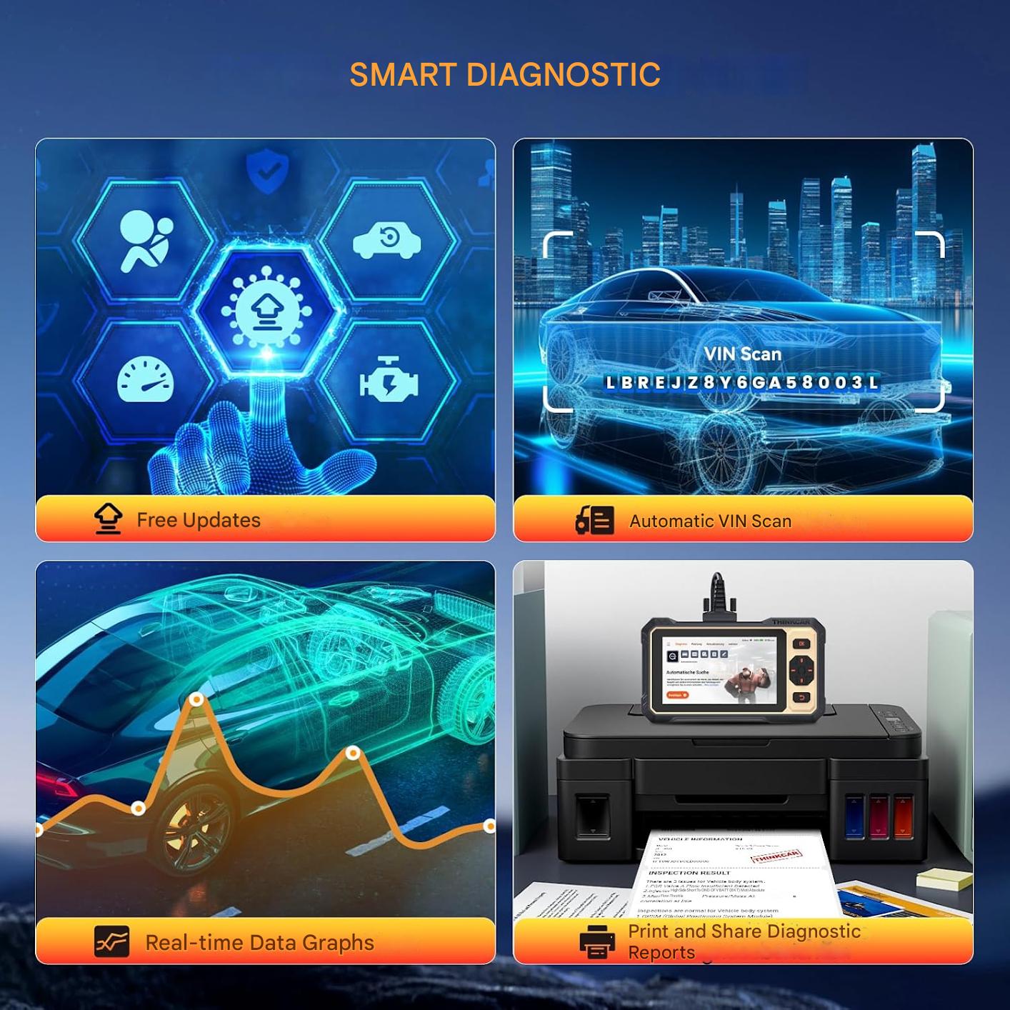 Tester auto ThinkScan 662, OBD2 scanner, ECM/TCM/SRS/ABS, 12 functii de resetare, negru/galben