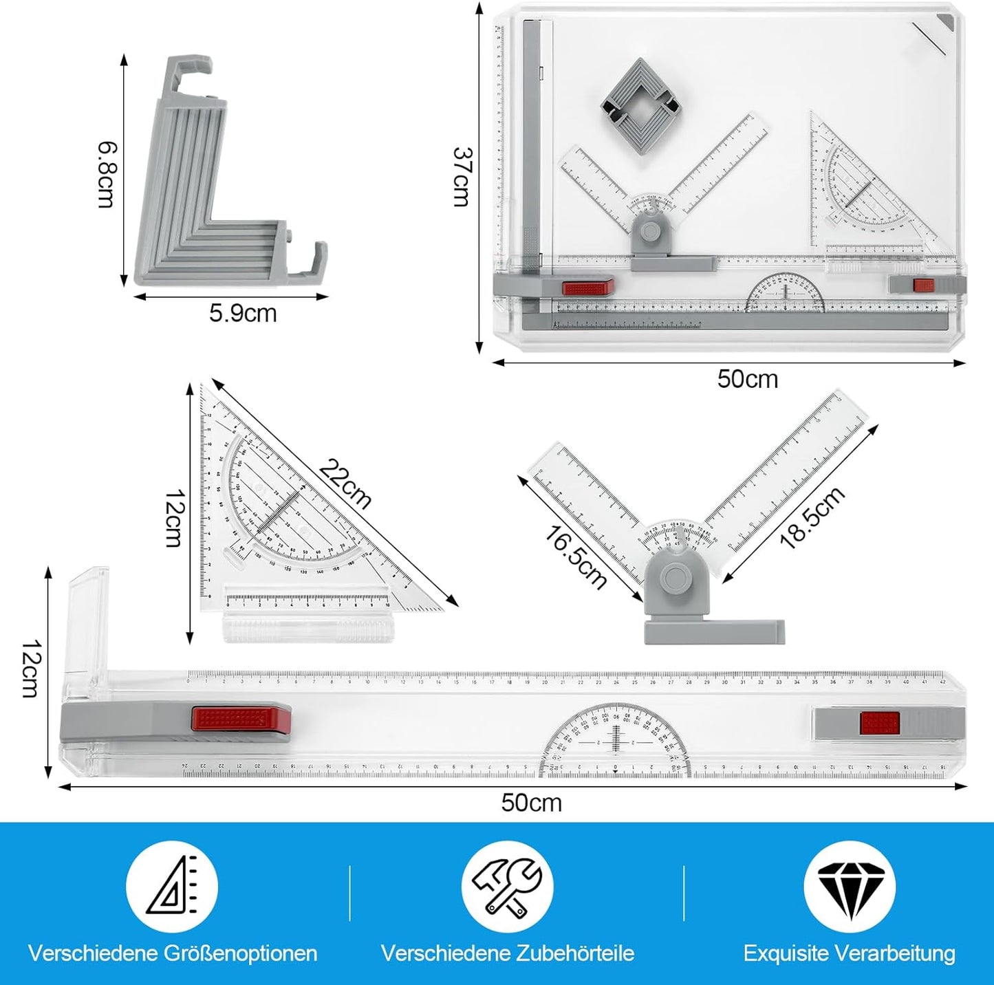 Planseta desen tehnic A3, pentru proiectare, arhitectura, cu rigla transparenta si echer, sistem de masurare reglabil, 50 cm x 37 cm