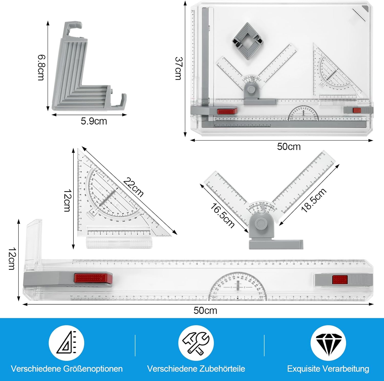 Planseta desen tehnic A3, pentru proiectare, arhitectura, cu rigla transparenta si echer, sistem de masurare reglabil, 50 cm x 37 cm