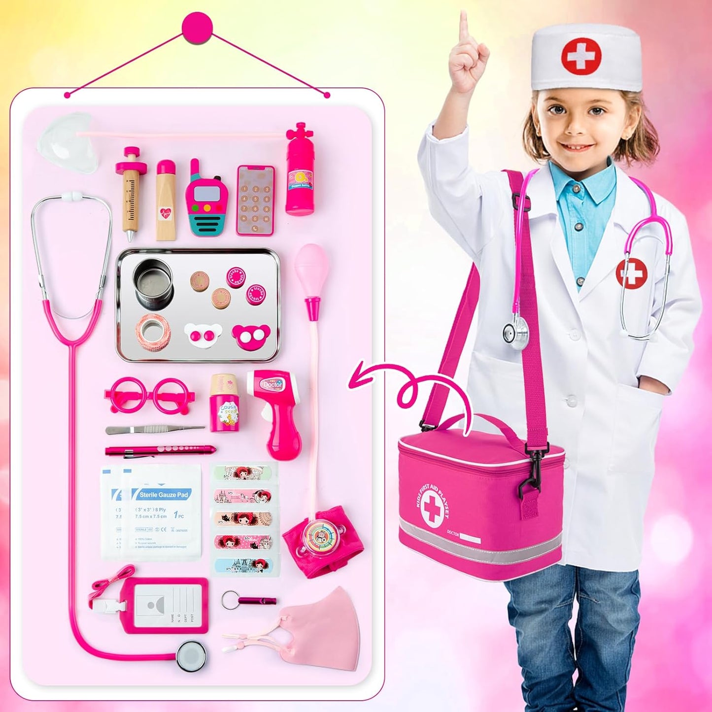 Joc de rol, set trusa de doctor pentru copii cu stetoscop functional, halat, termometru, ochelari, masca, tensiometru si accesorii, roz