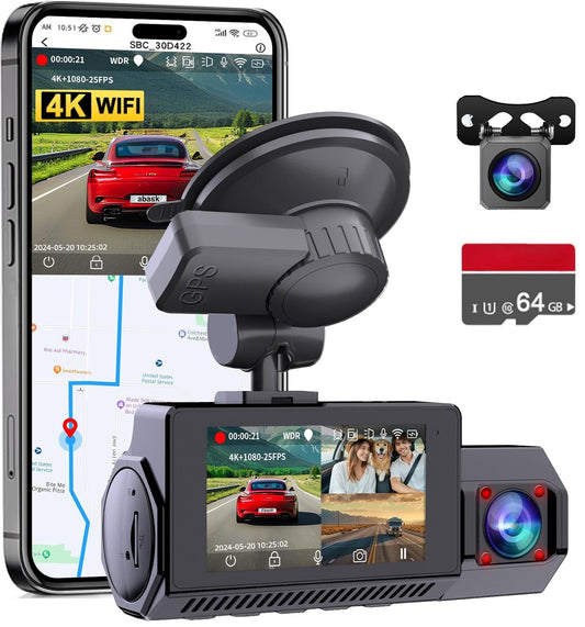 Camera auto de bord cu WiFi, GPS si 3 canale, camera marsarier, inregistrare fata si habitaclu, 4K, nightvision, G-Sensor, monitorizare parcare, ghidaj parcare, inregistrare in bucla, ecran de 2.45 inch