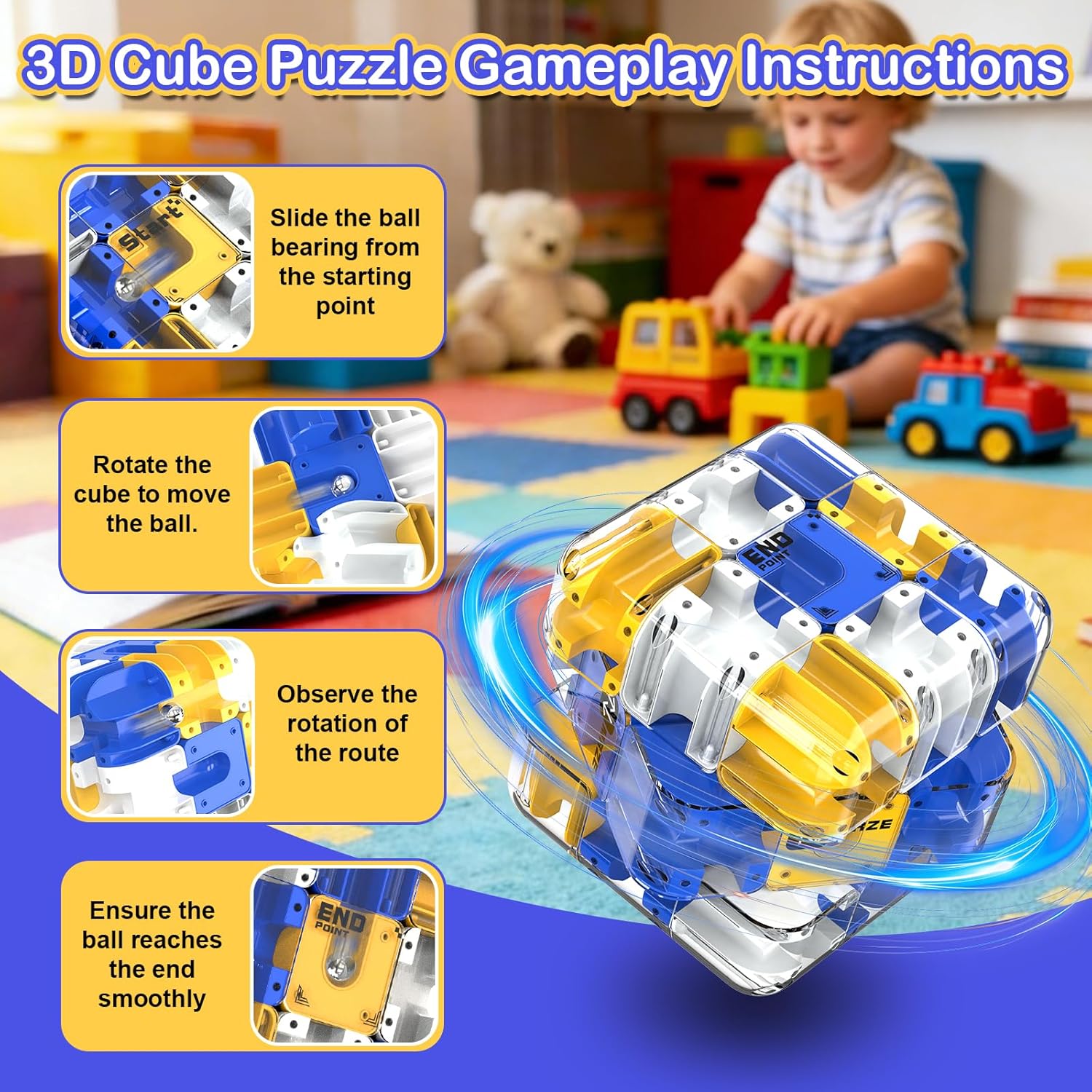 Labirint puzzle 3D Coolden 2 in 1 cu bile rotitoare, cub magic mare, jucarie interactiva si educativa, joc de inteligenta pentru dezvoltarea gandirii logice si a rationamentului, antistres, distractiv pentru copii si adulti, cadou de ziua de nastere