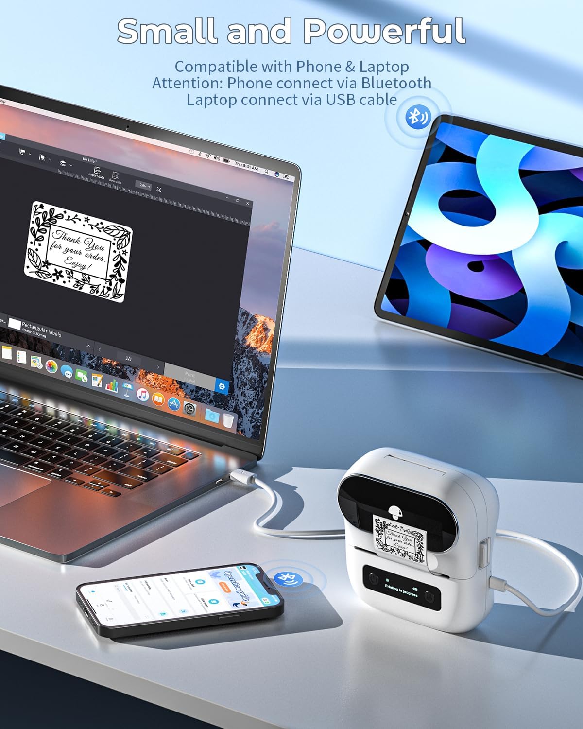 Imprimanta termica Bluetooth pentru etichete 20-75 mm, 203 DPI, utilizare prin aplicatie iOS si Android, portabila, acumulator 2200 mAh, pentru imbracaminte, bijuterii, vanzare cu amanuntul, adresa, cod de bare