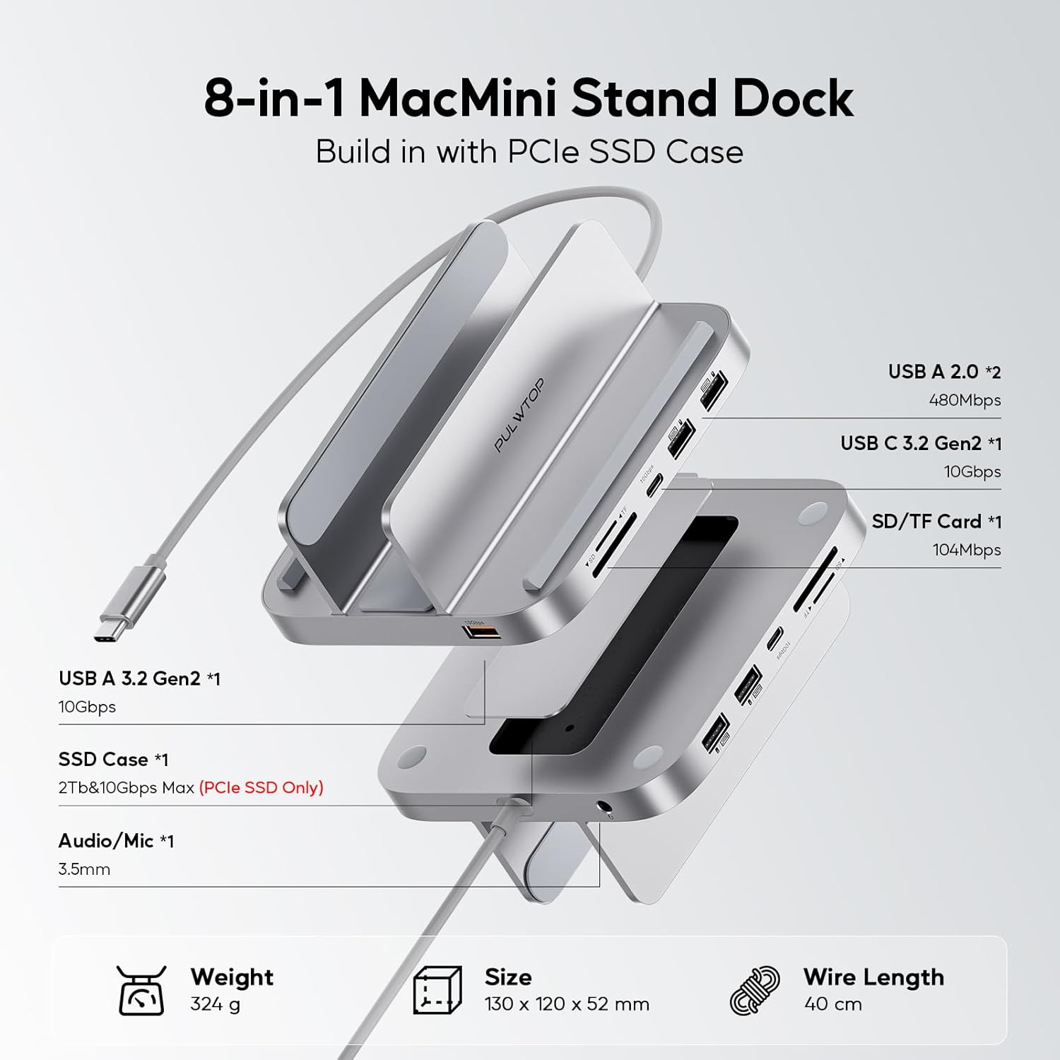 Suport Hub pentru Mac Mini M2/M1, Docking Station vertical 8 in 1 cu slot SSD PCIe, 3 slot USB-A, USB-C 10 Gbps, cititor de carduri SD/TF, mufa audio 3, 5 mm, cu suport telefon