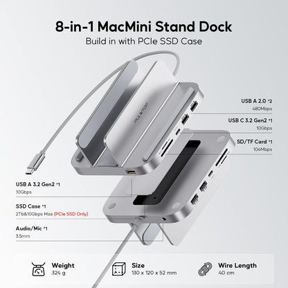 Suport Hub pentru Mac Mini M2/M1, Docking Station vertical 8 in 1 cu slot SSD PCIe, 3 slot USB-A, USB-C 10 Gbps, cititor de carduri SD/TF, mufa audio 3, 5 mm, cu suport telefon