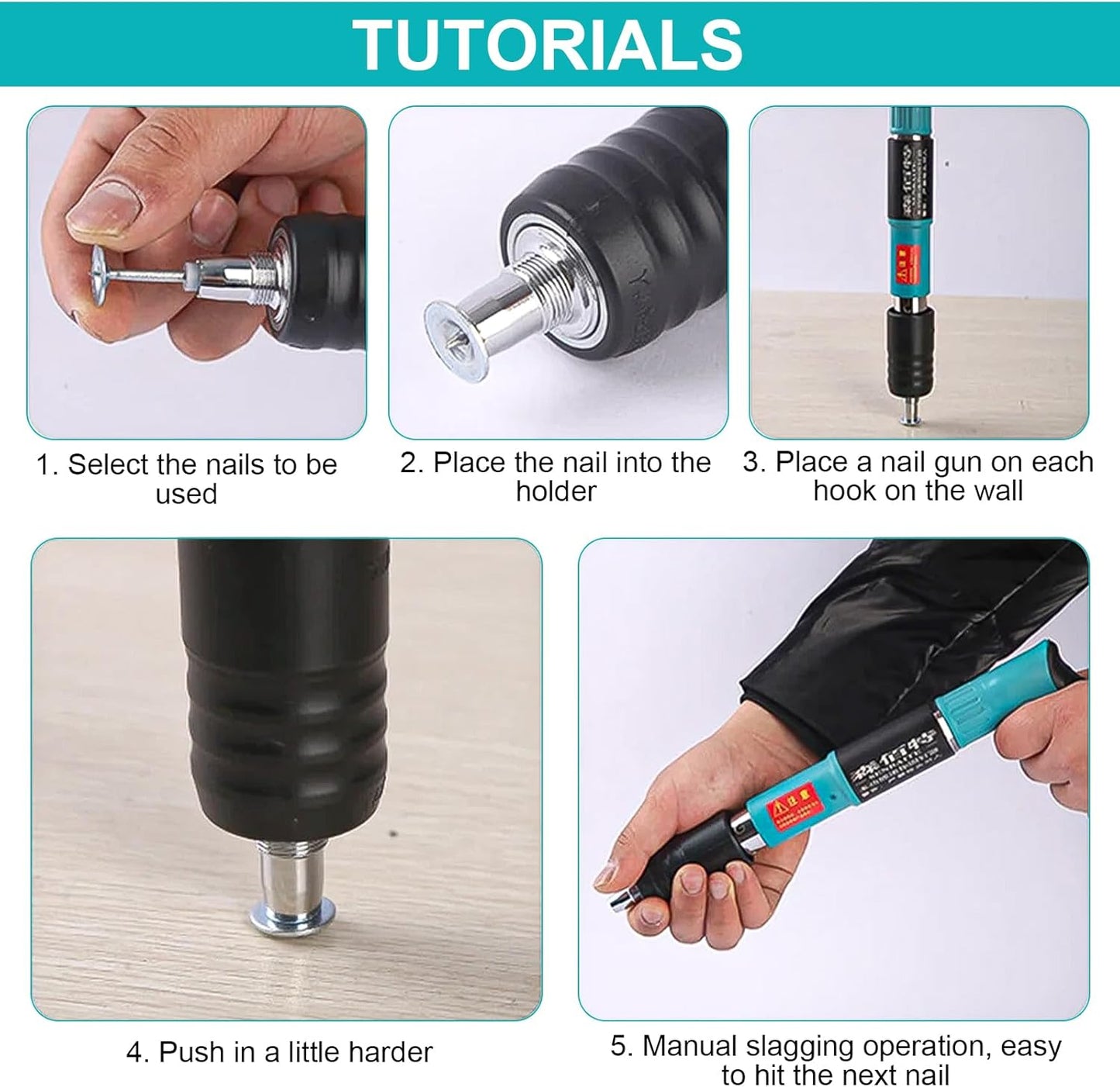Pistol de cuie manual, unealta pentru fixarea cuielor si bolturilor in beton, lemn, fier, perete, tavan, pardoseala, de 34 cm, cu 25 cuie rotunde si 25 cleme cu carlig incluse, 3 trepte de putere, in geanta de transport si depozitare