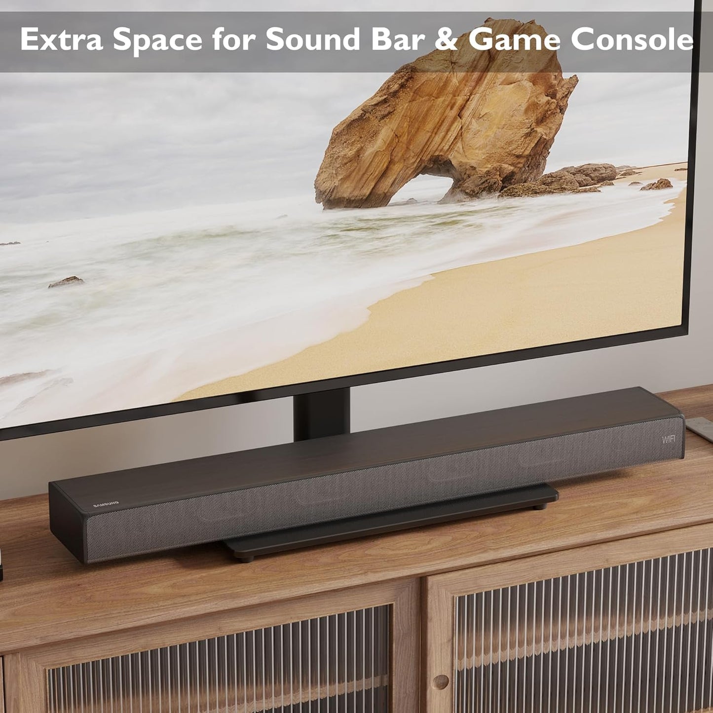 Suport TV cu stand de masa, pentru televizor 26-55 inch, suporta greutate pana la 40 kg, baza 400 x 260 mm din sticla, inaltime ajustabila, prinderi din otel, multifunctional