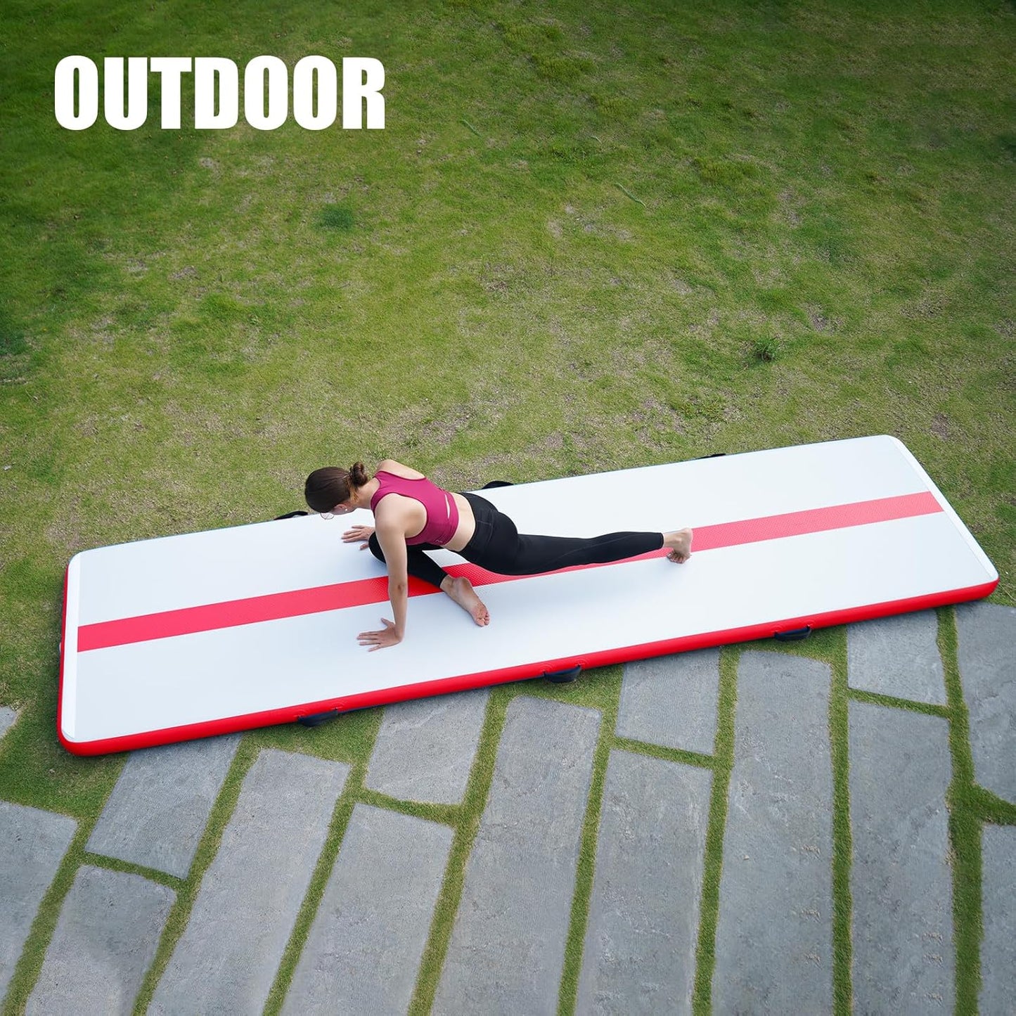 Saltea pentru antrenament gimnastica, gonflabila, 300 x 100 x 10 cm, din PVC, rezistent UV, cu pompa electrica si geanta de transport, roz