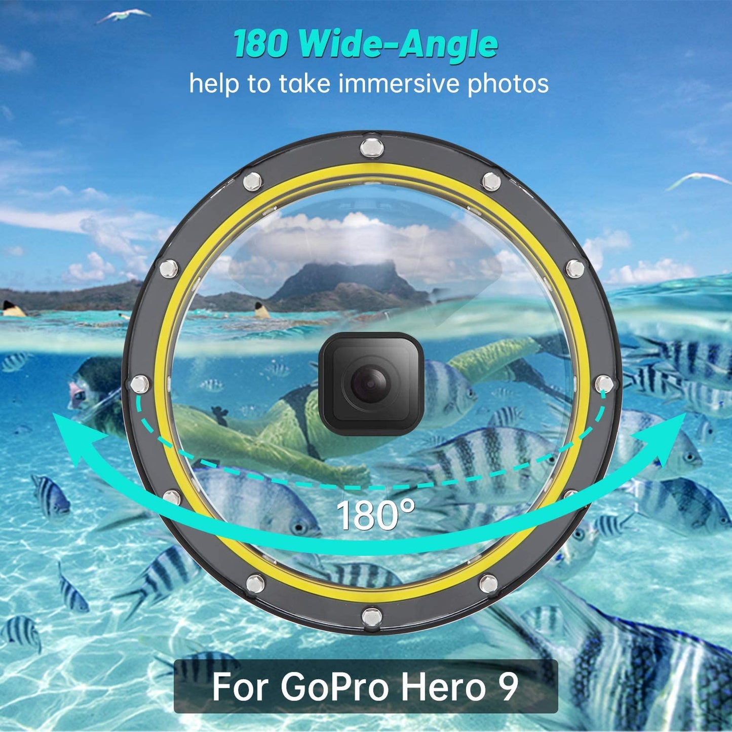 Carcasa tip dome compatibil cu GoPro Hero 9 Black, impermeabila, pentru sport acvatic, scufundari, snorkeling, cu unghi larg de actiune