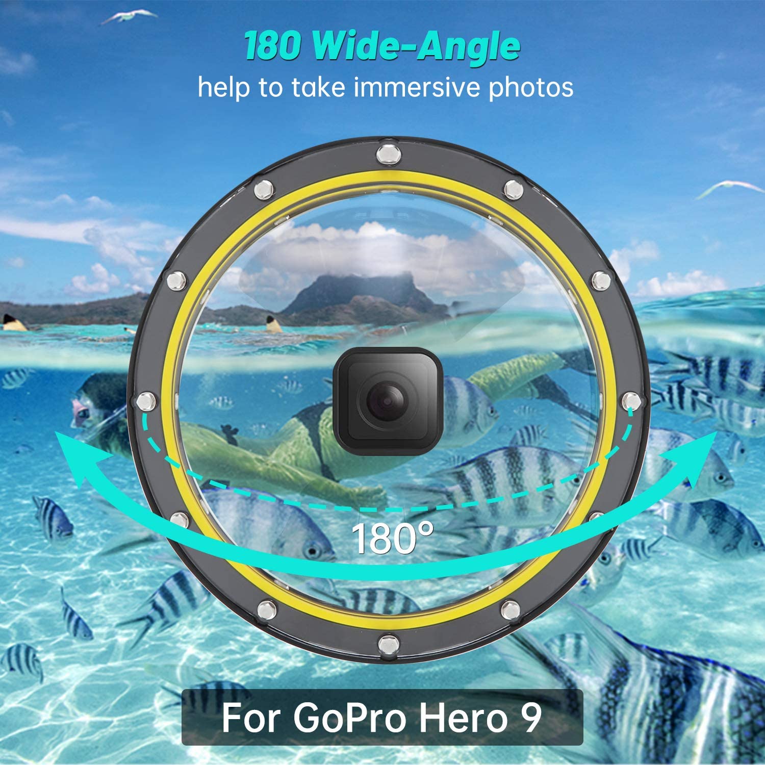 Carcasa tip dome compatibil cu GoPro Hero 9 Black, impermeabila, pentru sport acvatic, scufundari, snorkeling, cu unghi larg de actiune