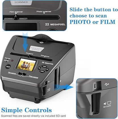 Scanner de film, diapozitive si poze, cu afisaj LCD de 2.4 inch, converteste in format digital, cu slot card SD si USB, de 22 MP