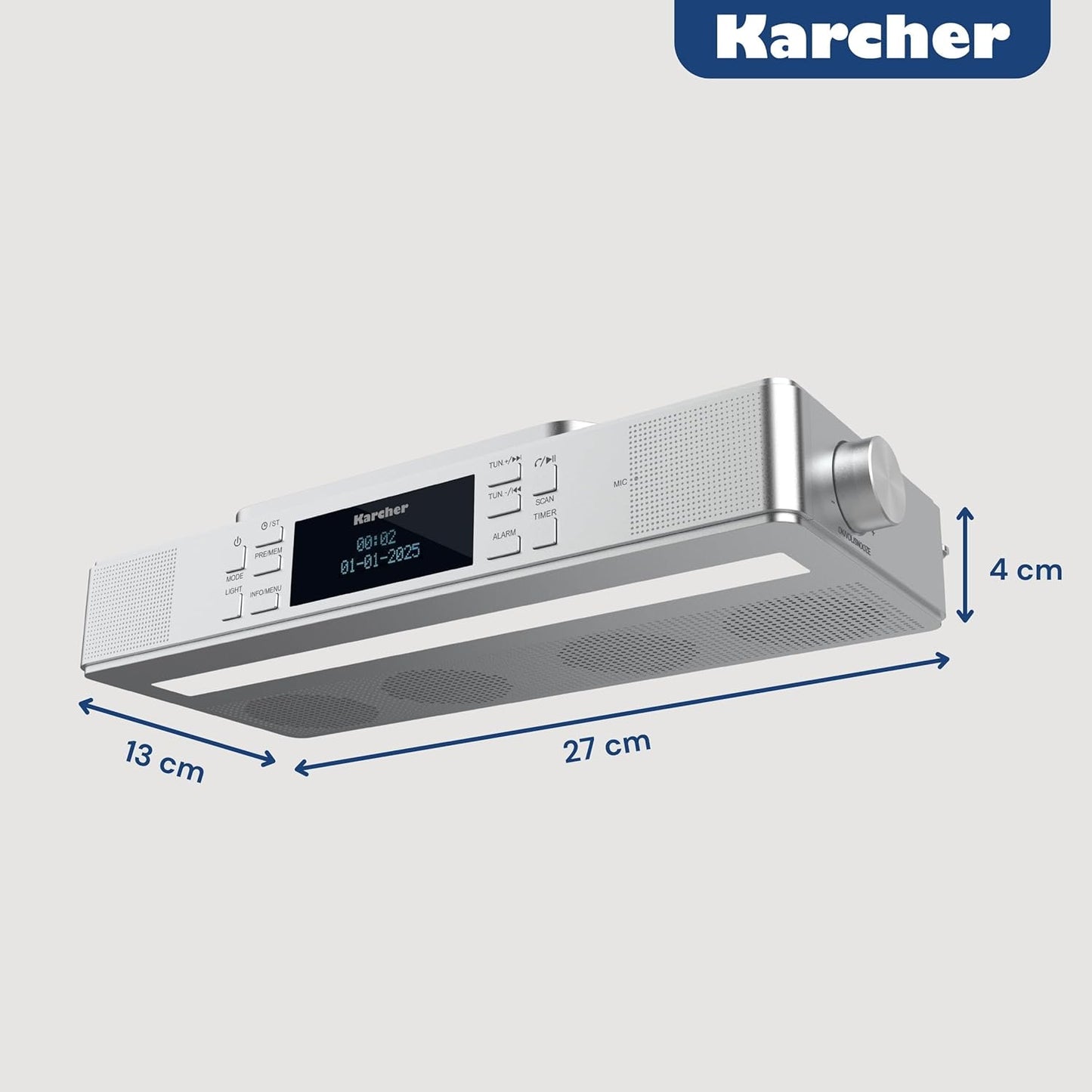 Radio de bucatarie, FM/DAB+, Bluetooth, iluminare LED integrata, ceas cu alarma si timer, montaj sub dulap, argintiu