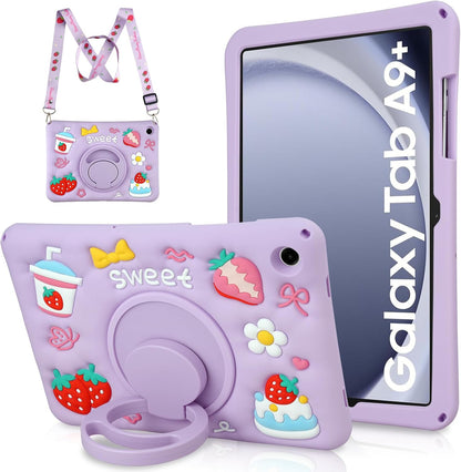 Husa pentru Samsung Galaxy Tab A9 Plus 11 inch, draguta 3D cu capsuni si tort de iaurt, silicon rezistent la socuri, pentru copii si fete, cu curea de umar rotativa si suport