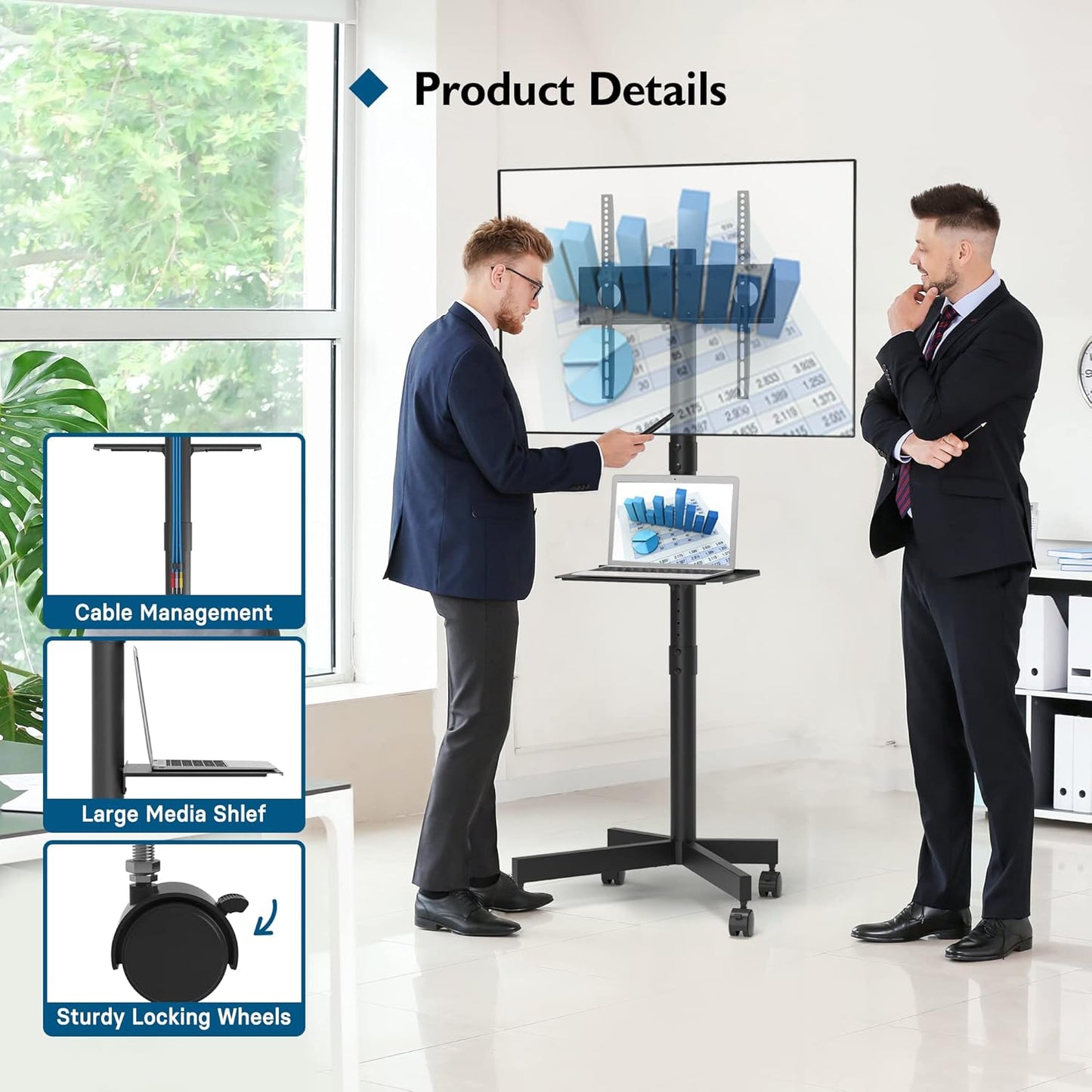 Suport TV BONTEC cu roti pentru ecrane Plasma/LCD/LED de 23-60 inch, pana la 25 kg, suport rulant reglabil pe inaltime cu raft pentru laptop, MAX VESA 400 x 400 mm