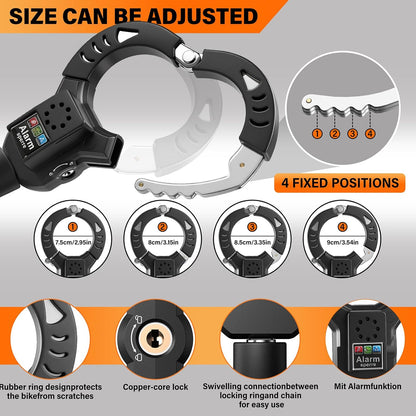 Lacat antifurt pentru bicicleta si trotineta electrica cu alarma 110 dB, lant otel calit 8 mm, lungime 90 cm, protectie anti-taiere, cu husa transport, sistem securitate cu cheie, negru