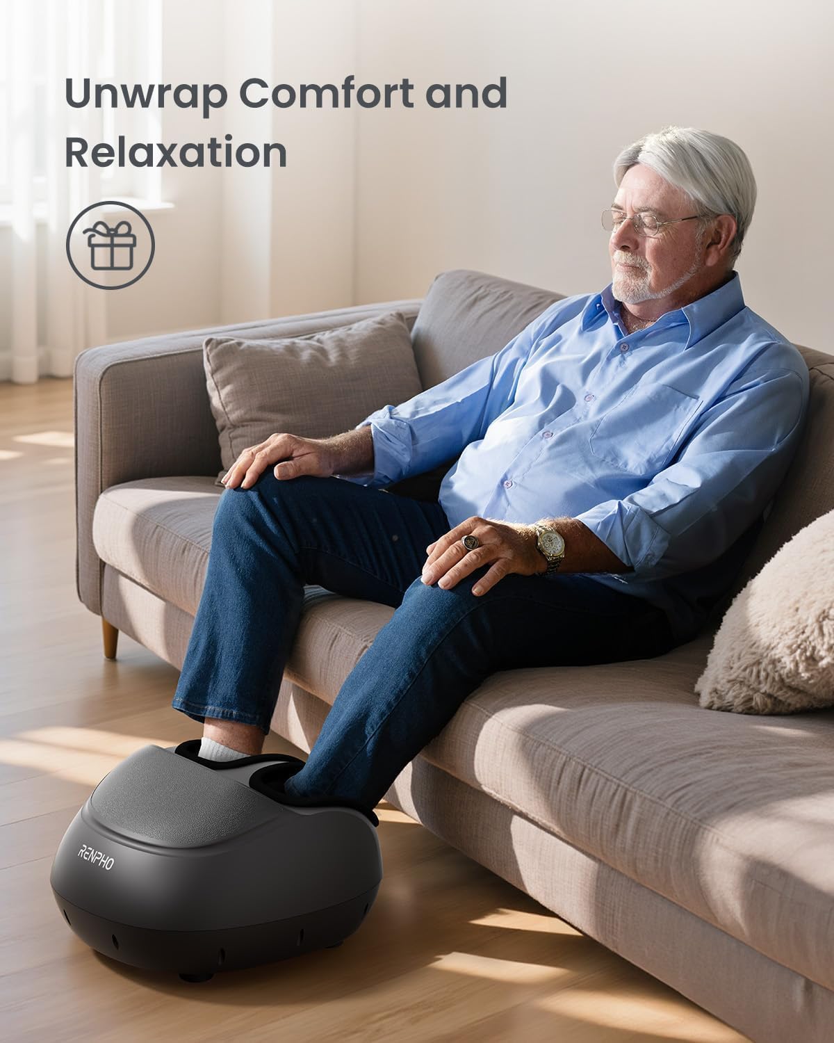 Aparat de masaj pentru picioare RENPHO, Shiatsu cu role, compresie cu aer, incalzire infrarosu, 3 niveluri intensitate masaj si presiune, design ergonomic, husa detasabila si lavabila, potrivit pana la marimea 46, pentru relaxare