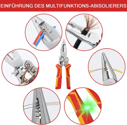 Cleste multifunctional 9 in 1, pentru dezizolat, taiat si sertizat cabluri, cabluri coaxiale si perechi rasucite 1,5-6 mm², tester de tensiune 12-250 V AC/DC cu alarma vizuala/auditiva si blocare de siguranta, pentru diagnosticare