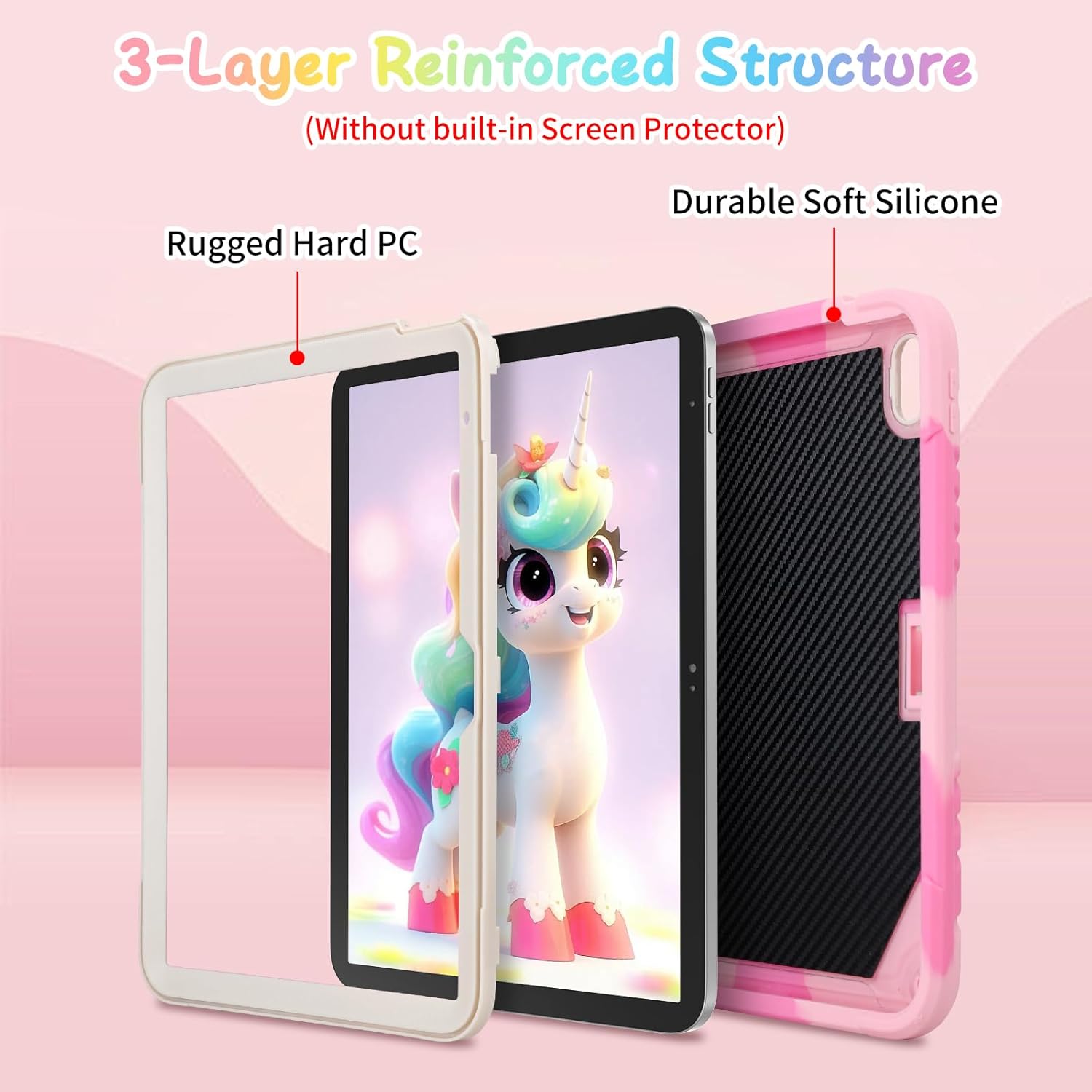 Husa compatibila cu iPad 10,9" generatia 11/10, 2025/2022, robusta, rezistenta la socuri, cu suport unicorn, curea de umar, suport pentru pix, roz