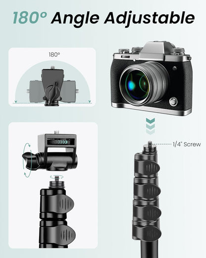 Trepied pentru telefon mobil si camera DSLR, inaltime 197 cm, trepied flexibil cu gat de lebada reglabil 25 cm, aluminiu robust, cap inclinabil 180°, telecomanda Bluetooth pentru selfie si filmari, suport pentru Vlogging, fotografie, streaming si YouTube