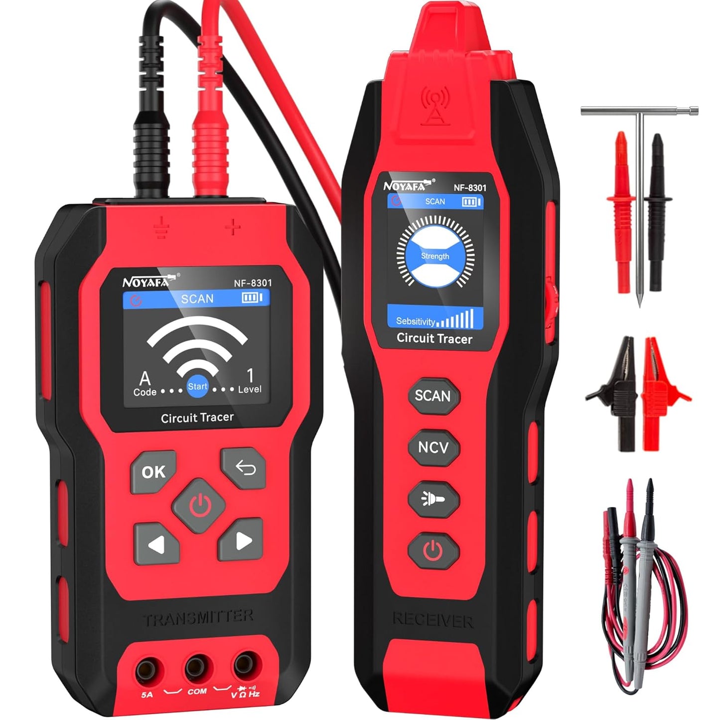 Detector profesional cabluri si circuite NOYAFA NF-8301, cu multimetru digital integrat, functie NCV fara contact 400V, 8 niveluri sensibilitate reglabila, localizare cabluri subterane si in perete, indicator semnal, lanterna LED, kit complet, rosu