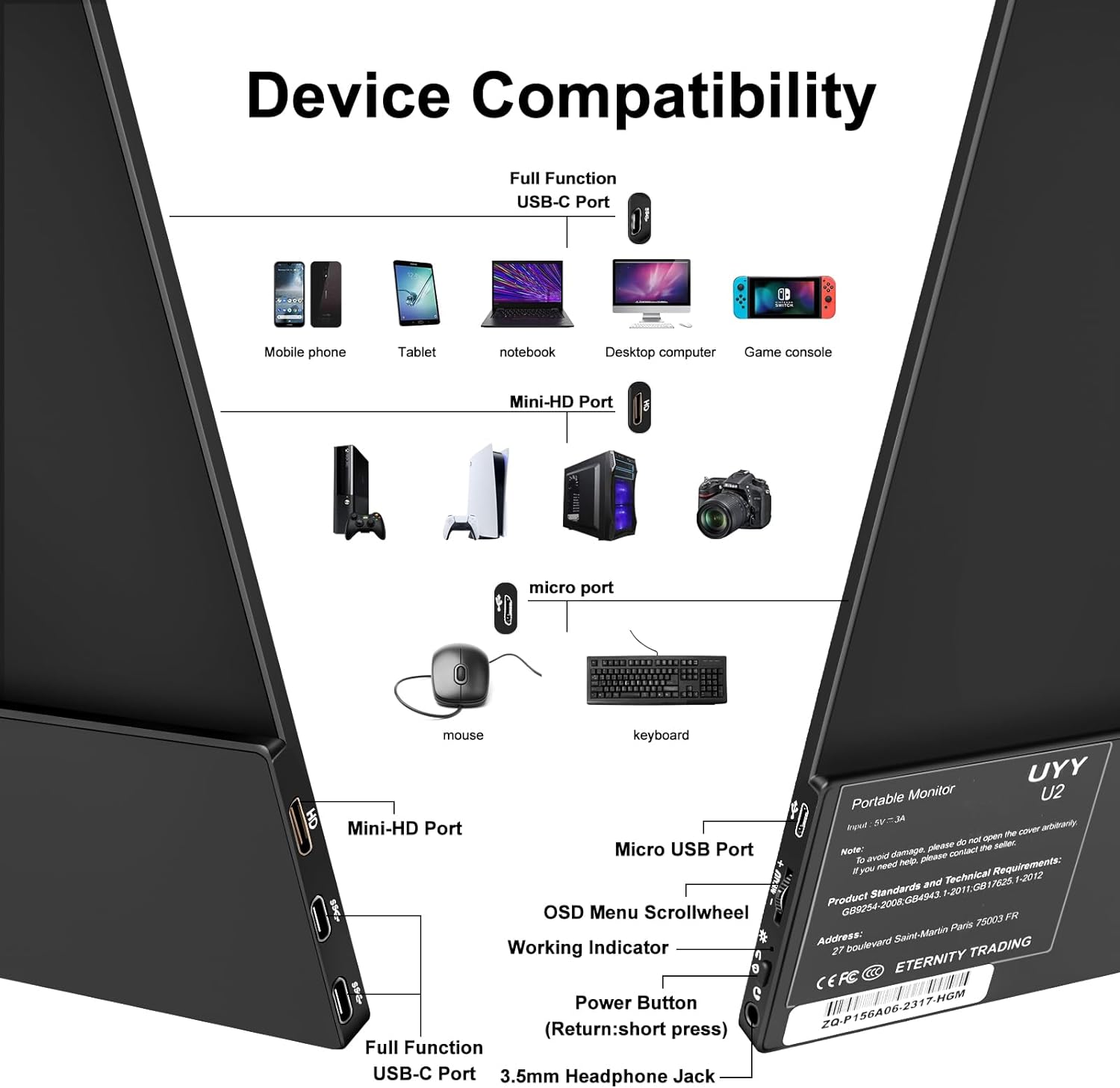 Monitor portabil 16.1 inch, 1080P Full HD 1920X1080, HDR, 16:9, 1200:1, mod Portret, Duplicat, Extend, Second Screen, USB-C, cu difuzor incorporat, pentru laptop, PC, PS5, Consola