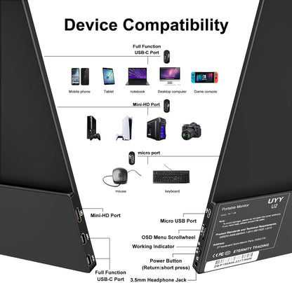Monitor portabil 16.1 inch, 1080P Full HD 1920X1080, HDR, 16:9, 1200:1, mod Portret, Duplicat, Extend, Second Screen, USB-C, cu difuzor incorporat, pentru laptop, PC, PS5, Consola