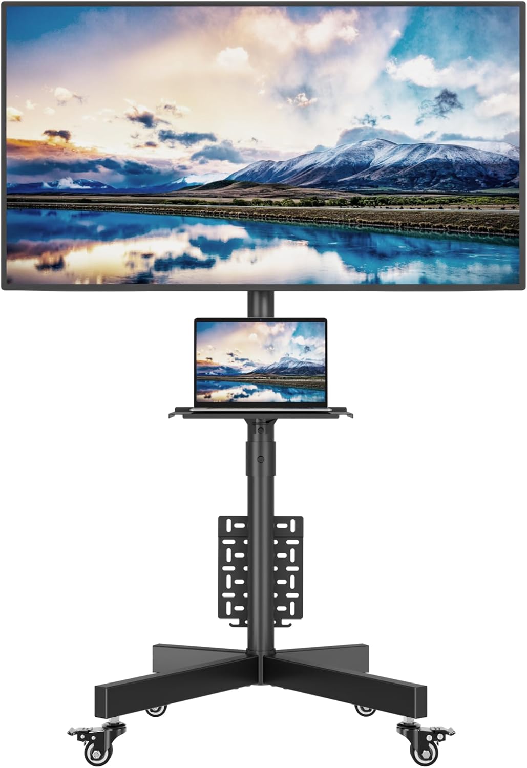 Suport TV mobil cu roti pentru televizoare de 23-55 inch, reglabil pe inaltime si inclinare +6°/-3°, compatibil VESA 400x400, cu raft pentru laptop/consola, pentru LED, LCD, OLED, Plasma, capacitate 40 kg, negru