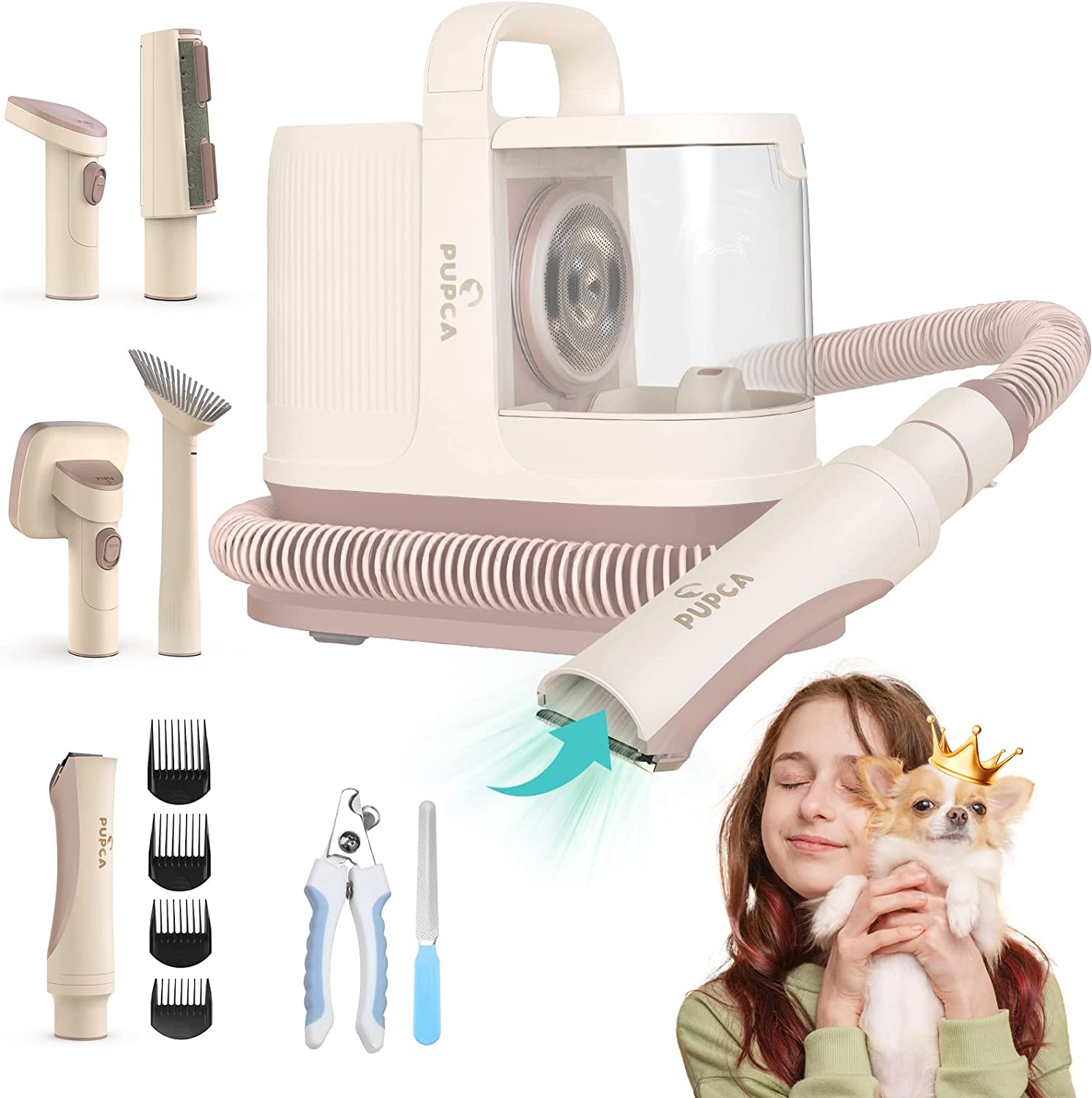 Set 7 in 1 de ingrijire animale de companie cu masina de tuns, aspirator, cleste de unghii, pila, perie, pentru caini si pisici