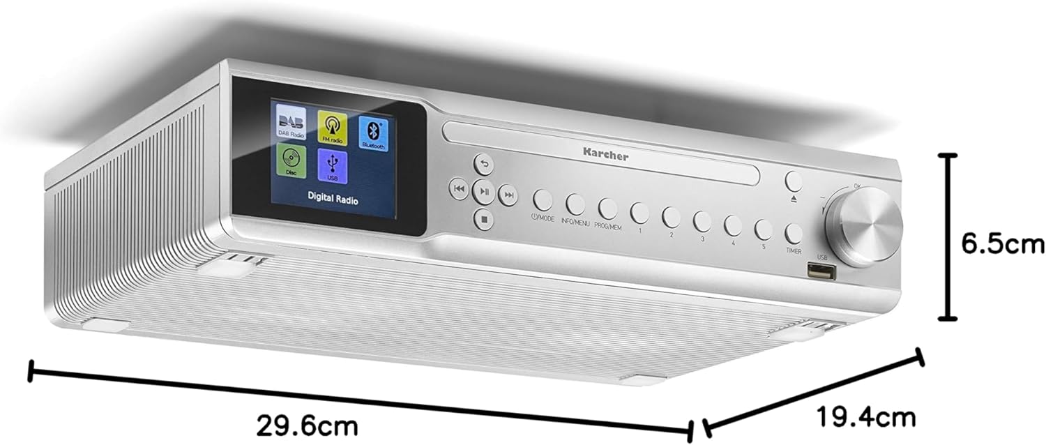 Radio de bucatarie, CD Player integrat, DAB+/FM, Bluetooth, afisaj color, ceas cu alarma, USB, memorie 30 posturi, telecomanda inclusa