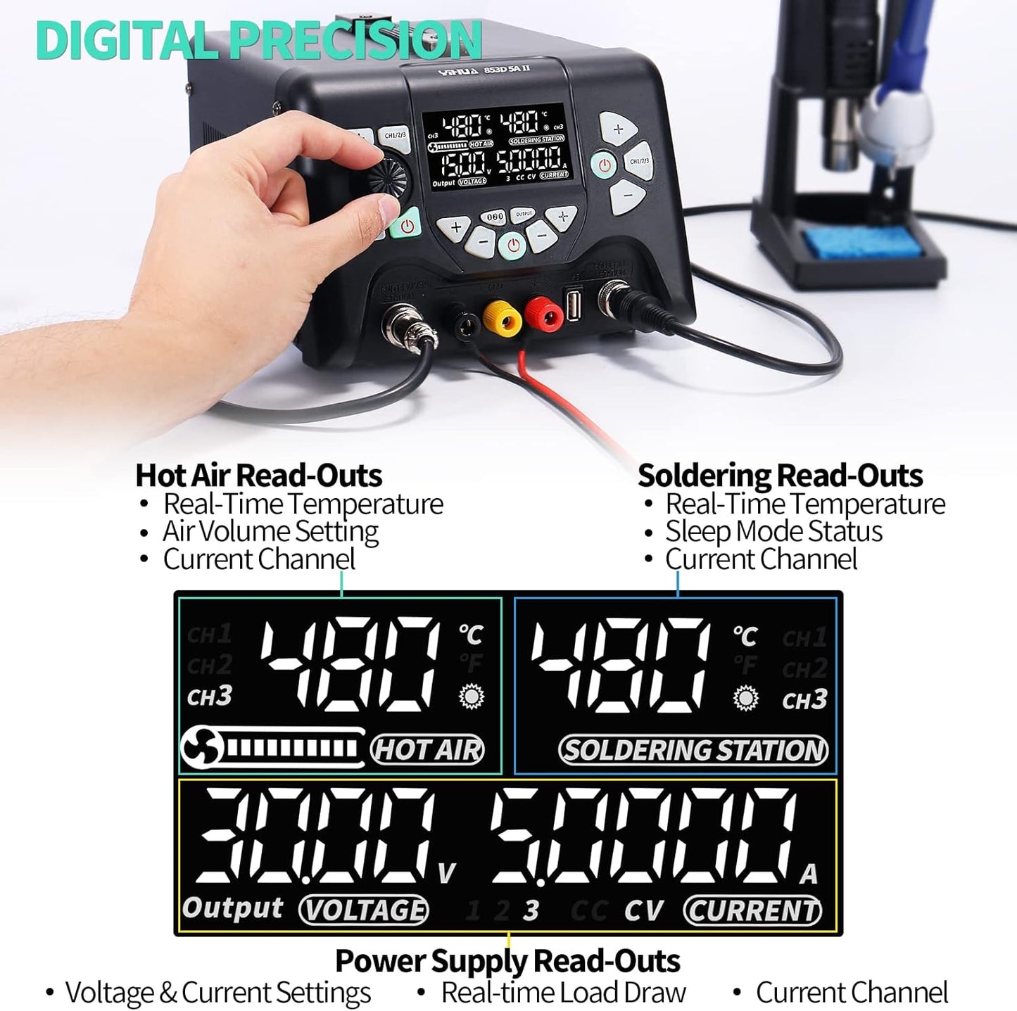 Statie de lipit si dezlipit 3 in 1 cu sursa de laborator reglabila 0-30V 0-5A, cu afisaj LCD, letcon, aer cald, temperatura reglabila, port USB, 3 canale memorie, multifunctionala