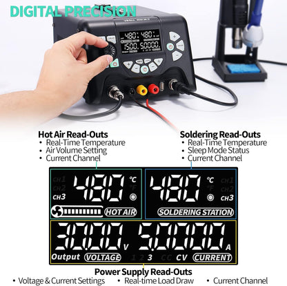Statie de lipit si dezlipit 3 in 1 cu sursa de laborator reglabila 0-30V 0-5A, cu afisaj LCD, letcon, aer cald, temperatura reglabila, port USB, 3 canale memorie, multifunctionala