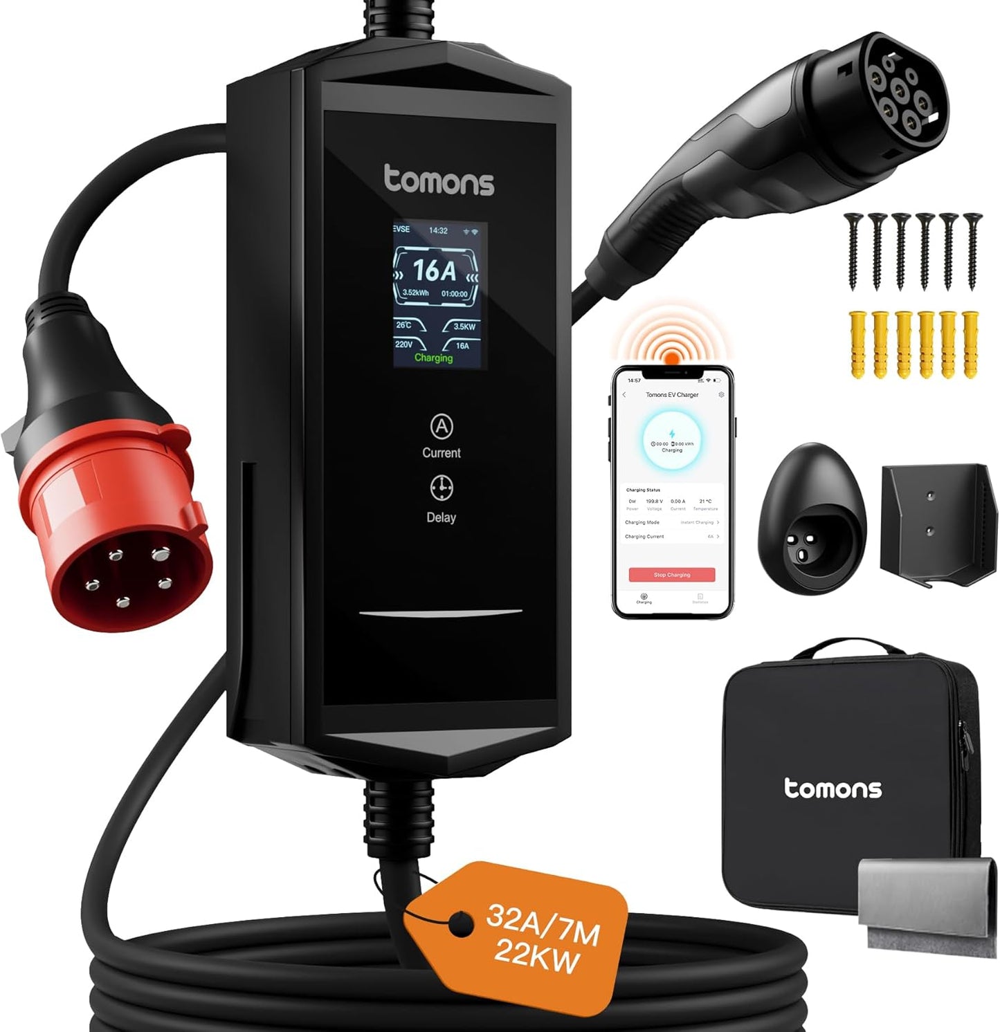Statie de incarcare portabila EV Tomons 22kW, Wallbox mobil Type 2, cablu 7m, priza CEE trifazata 6-32A 400V, control prin aplicatie Bluetooth, ecran LCD 2.4”, IP65, putere si timp de incarcare reglabile, compatibil Tesla Model 3/Y, VW ID.3/4/5/7