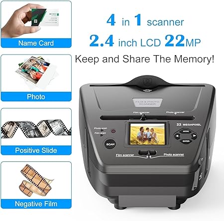 Scanner de film, diapozitive si poze, cu afisaj LCD de 2.4 inch, converteste in format digital, cu slot card SD si USB, de 22 MP