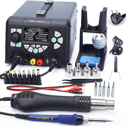 Statie de lipit si dezlipit 3 in 1 cu sursa de laborator reglabila 0-30V 0-5A, cu afisaj LCD, letcon, aer cald, temperatura reglabila, port USB, 3 canale memorie, multifunctionala