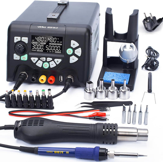 Statie de lipit si dezlipit 3 in 1 cu sursa de laborator reglabila 0-30V 0-5A, cu afisaj LCD, letcon, aer cald, temperatura reglabila, port USB, 3 canale memorie, multifunctionala